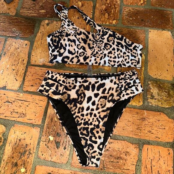 SHEIN Leopard Cheetah Bikini Swimsuit One Shoulder - Picture 1 of 6